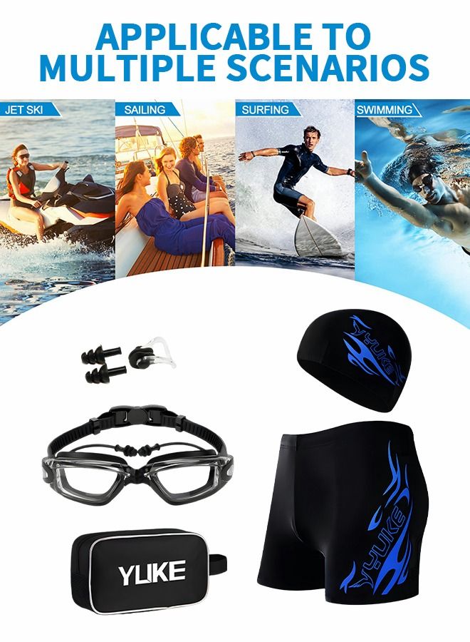 Swimming Goggles Set, Swim Cap Anti Fog UV Sunglasses Swim Goggle Kit,Swimming Trunks,No Leaking with Nose Clip, Earplugs and Storage Bag,Swimming Suit