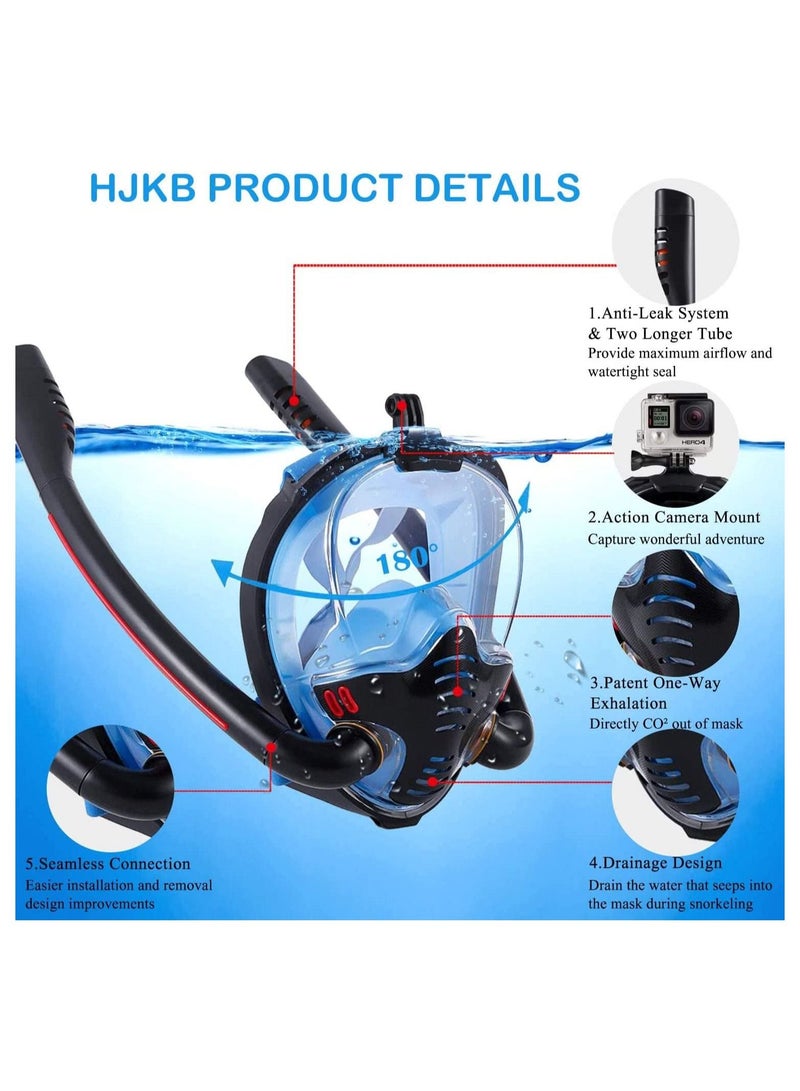 Full Face Snorkel Mask - Diving Mask with Dry Top Breathing System Double-Tube, 180 Degree Panoramic Snorkeling Mask with Camera Mount, Anti-Fogging Anti-Leak Snorkeling Gear for Adults and Kids