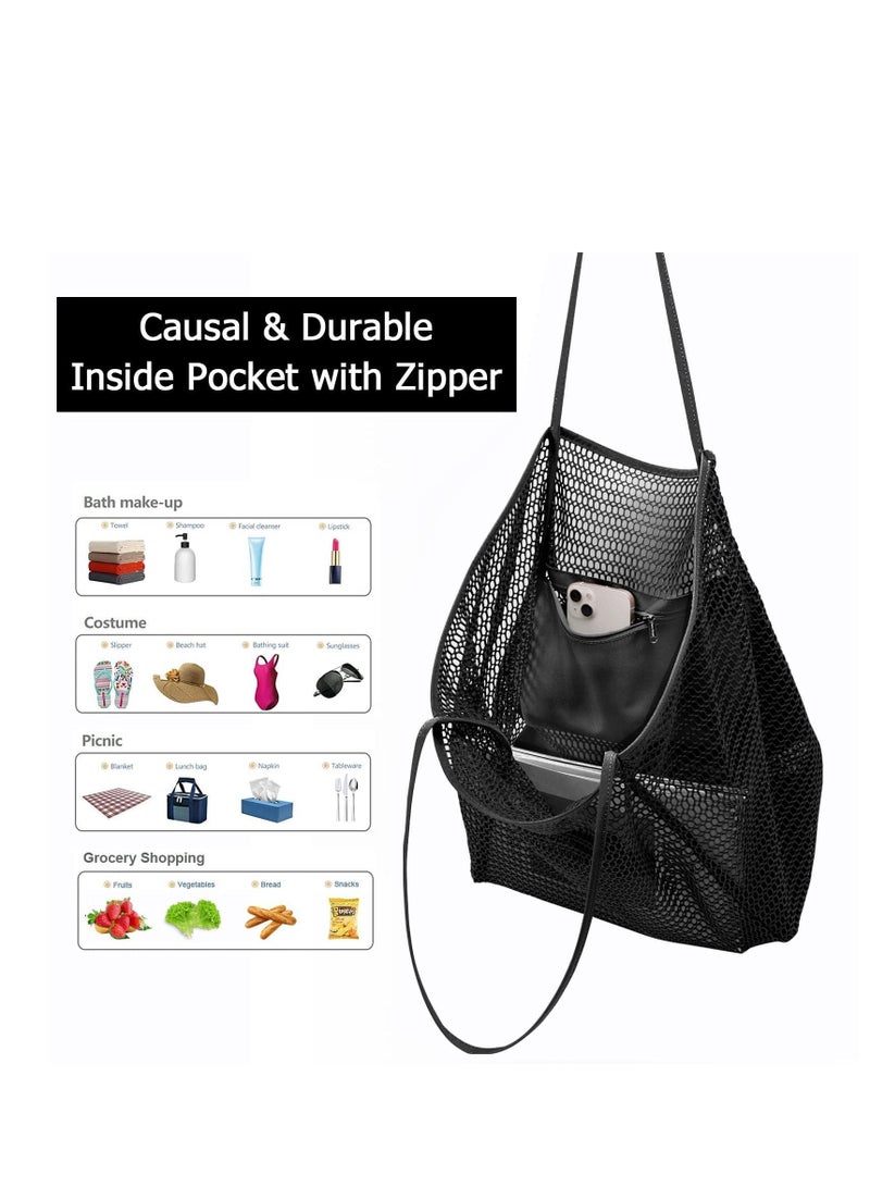 Tote Bag Large Summer Beach Bag, Mesh for Ladies and Girls, Shopping Reusable, Casual Shoulder with Zipper Inner Pocket Travel Daily Pool Gym Picnic, Lightweight Grocery