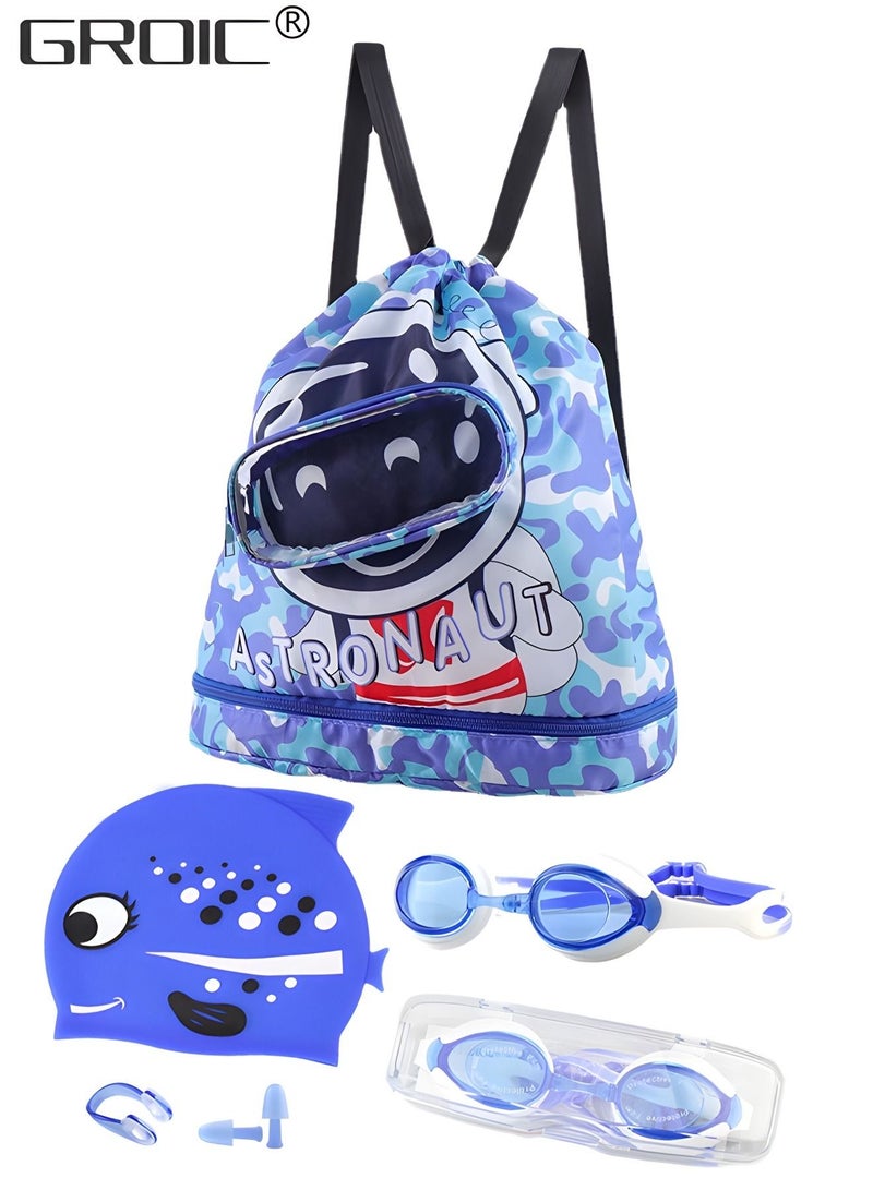 Swimming Backpack for Kids,Kids Swim Cap with Swimming Goggles Nose Clip Earplug and Storage Bag,Children's Swimming Suit