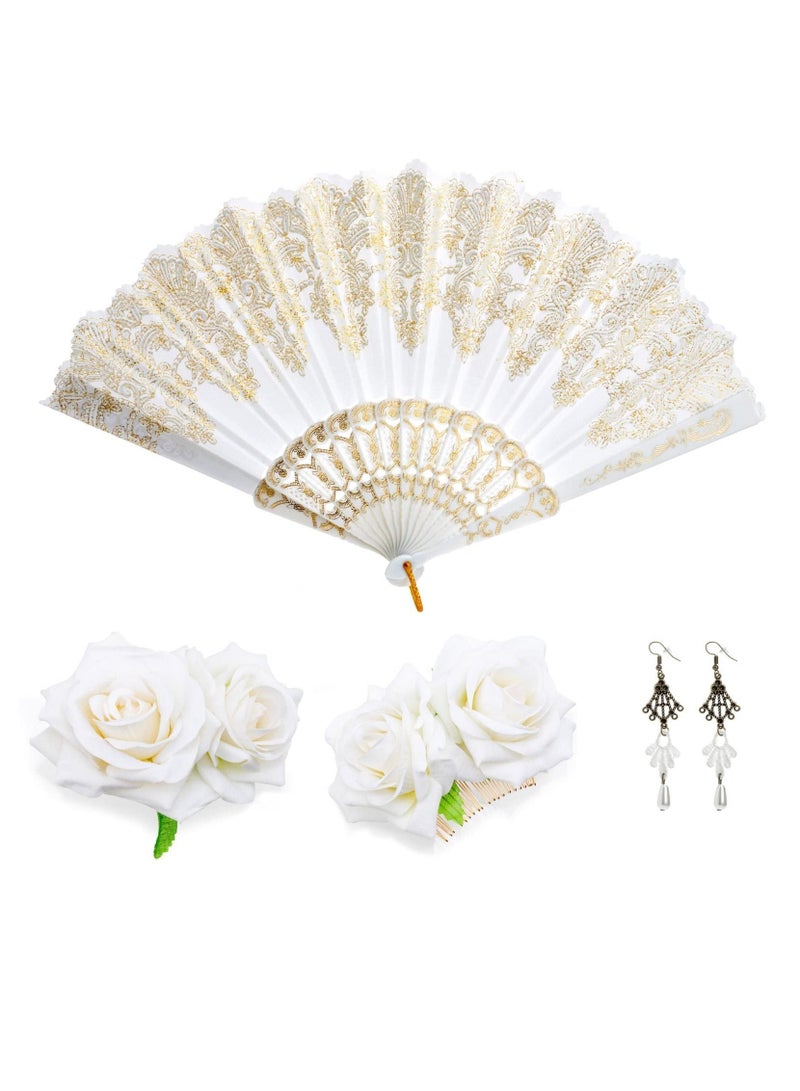 2 Pieces Women Rose Flower Hair Clip and Embroidered Sequins Fabric Handheld Folding Fan Hair Accessories for Flamenco Dancer Costume Accessories Girl Cosplay Party