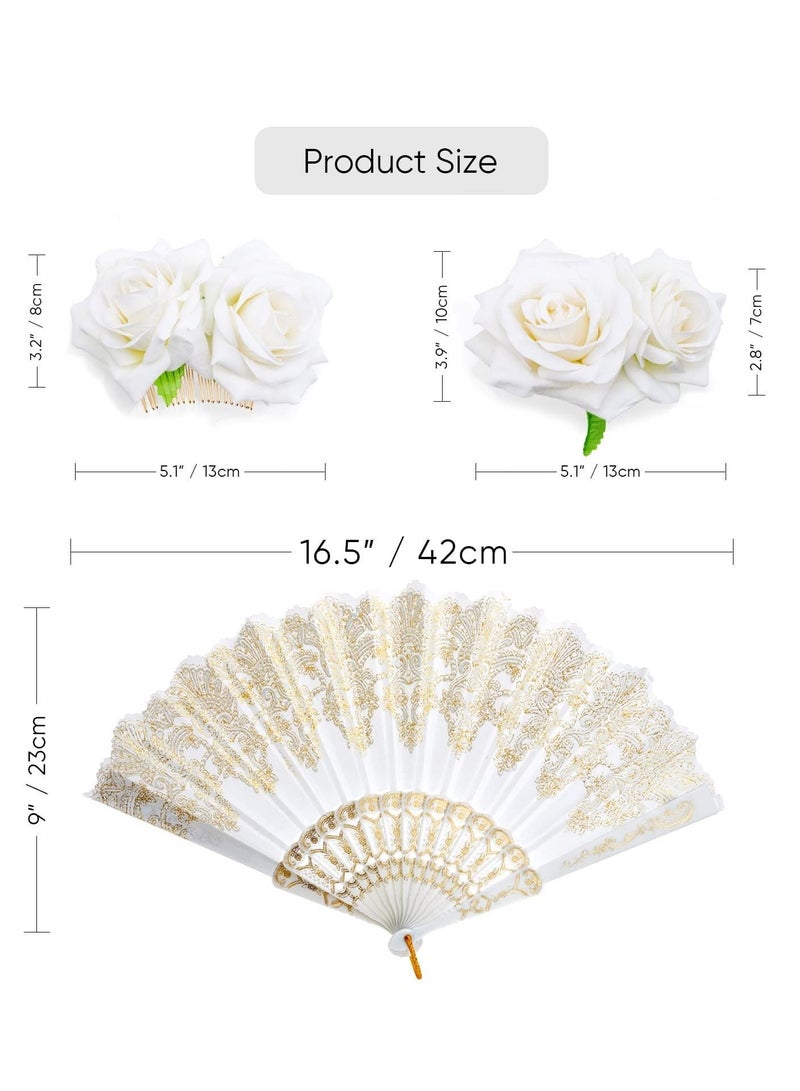 2 Pieces Women Rose Flower Hair Clip and Embroidered Sequins Fabric Handheld Folding Fan Hair Accessories for Flamenco Dancer Costume Accessories Girl Cosplay Party