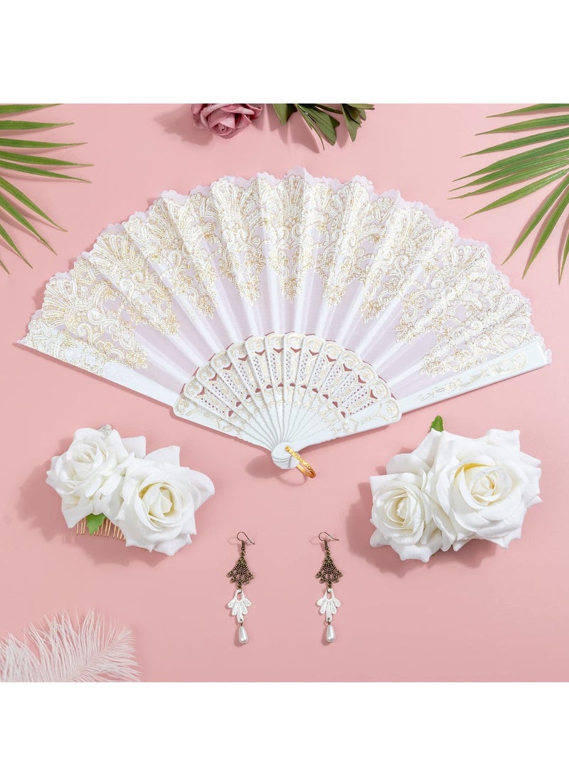 2 Pieces Women Rose Flower Hair Clip and Embroidered Sequins Fabric Handheld Folding Fan Hair Accessories for Flamenco Dancer Costume Accessories Girl Cosplay Party