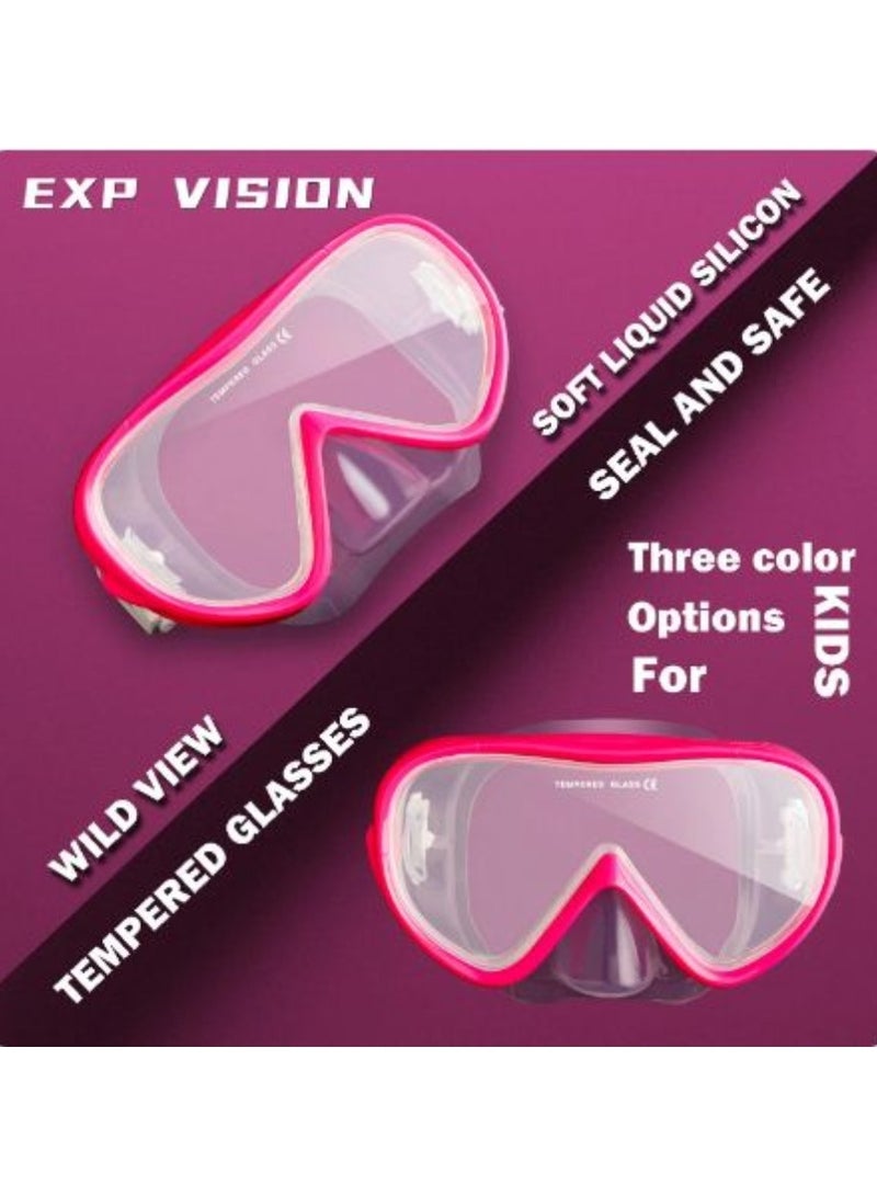 EXP Children's Vision Snorkel Diving Mask, 180 ° Panoramic Swim Mask Anti-fog Tempered Glass Lens Swimming Goggles with Nose Cover