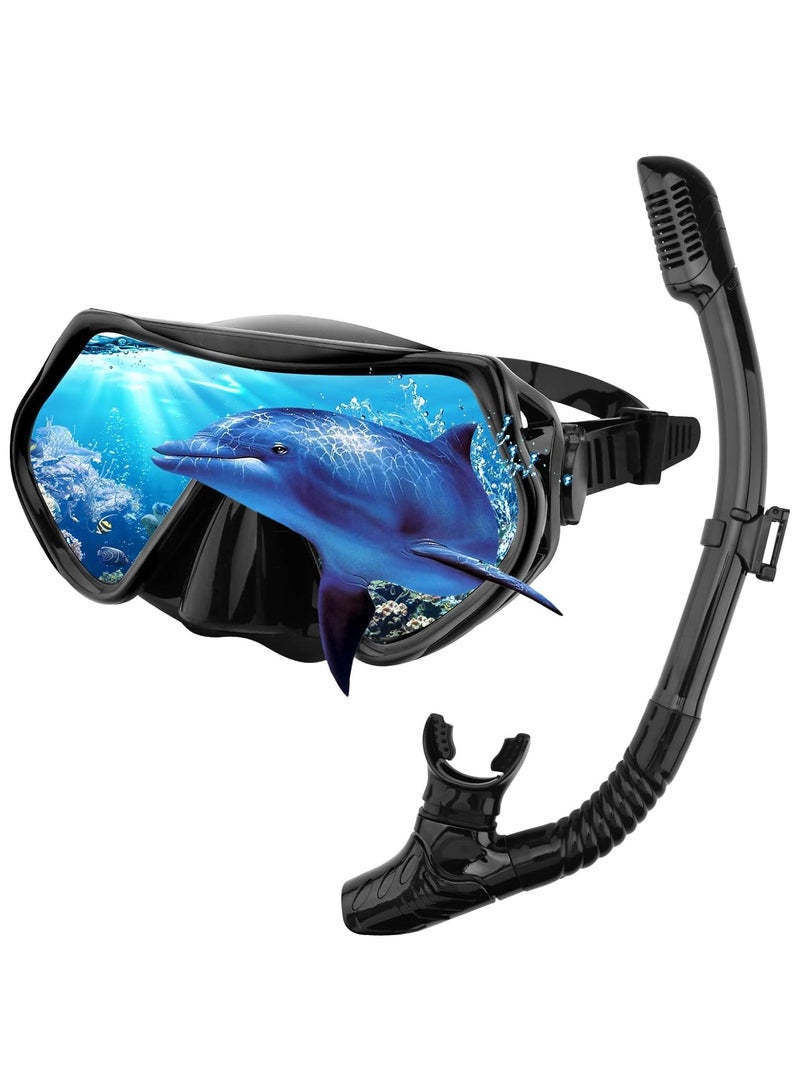 Dry Snorkel Set Adults Professional,Anti-fog Diving Mask 180° Panoramic Ultra-Clear Snorkel Mask Anti-leak Diving Tube Set Free Breath Scuba Diving Goggle Adjustable for Men Women