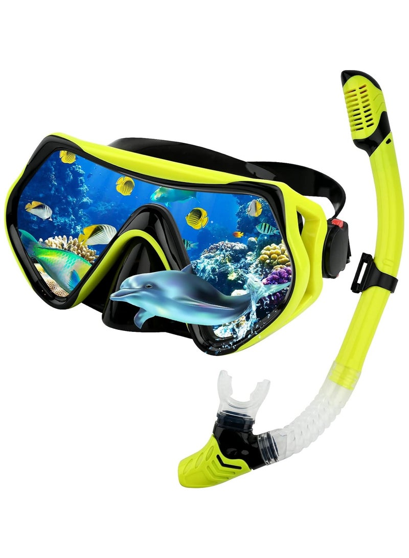 Dry Snorkel Set Adults Professional,Anti-fog Diving Mask 180° Panoramic Ultra-Clear Snorkel Mask Anti-leak Diving Tube Set Free Breath Scuba Diving Goggle Adjustable for Men Women