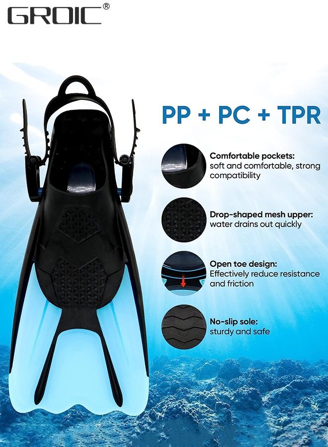 Snorkel Fins Swim Fins Open Heel, Adjustable and Light Diving Fins Buckles Open Heel Swim Flippers with Good Thrust, Travel Size Short Flippers for Snorkeling Swimming Adult Unisex