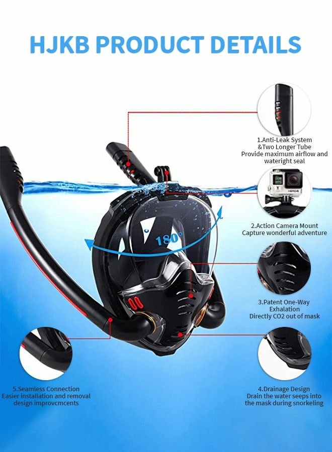 Full Face Snorkel Mask Adult - 2022 Latest Safe Breathing System,Anti-Fog Anti-Leak,180 Panoramic View with Camera Mount, Snorkel Mask with Adjustable Straps,Snorkeling Gear for Adults