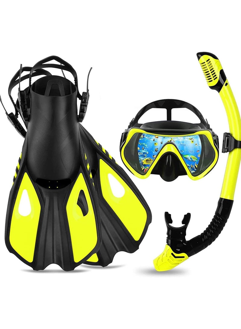 Snorkel Set Adults, 3 Piece Diving with Flippers, Mask and for Men Women, Snorkelling Anti-Fog Mask,Dry Snorkel,Swimming Fins,Diving Equipment