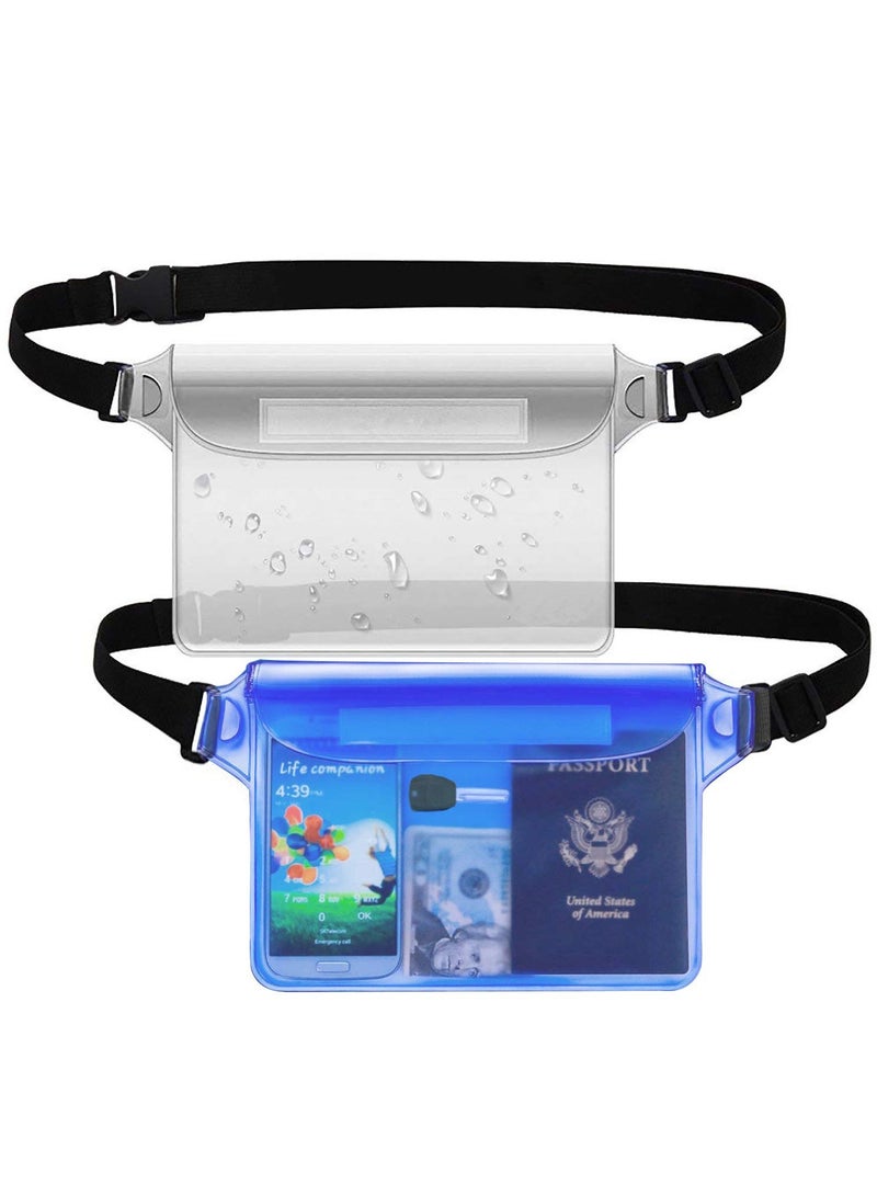 SYOSI 2 Pack Waterproof Pouch with Waist Strap, Waterproof Cell Phone Bag, Waterproof Dry Bag for Beach Bulk Swimming Kayaking Floating Water Park, Blue and clear