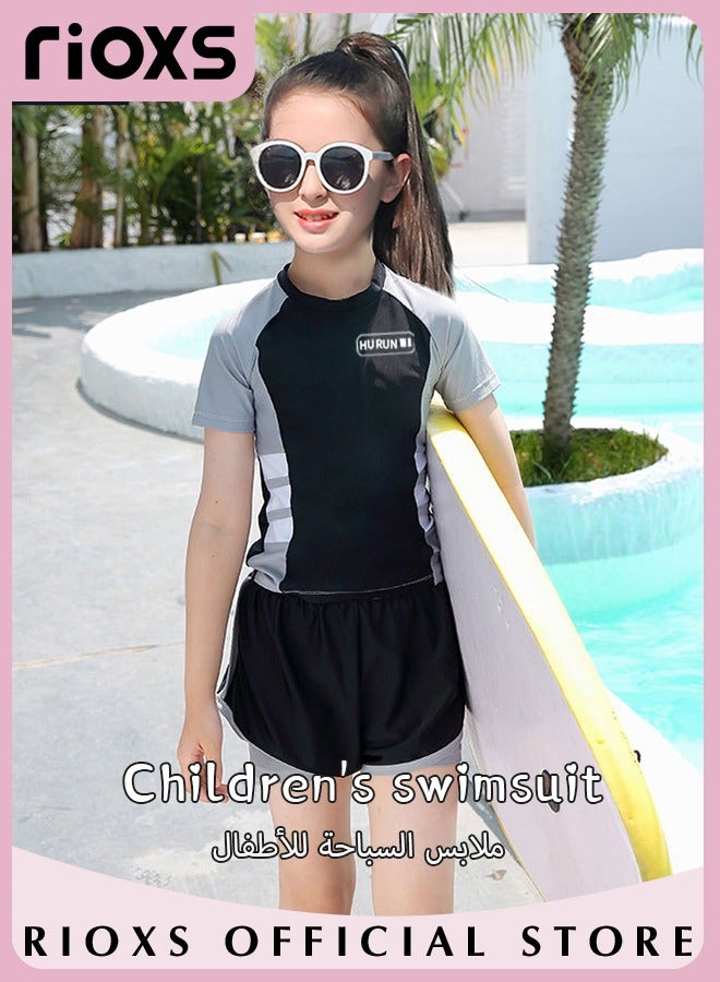 Girls Two-Piece Swimsuit Rash Guard Short Sleeve Swimsuit Kids Swimwear Water Sports Sun Protection Bathing Suits With Skirts