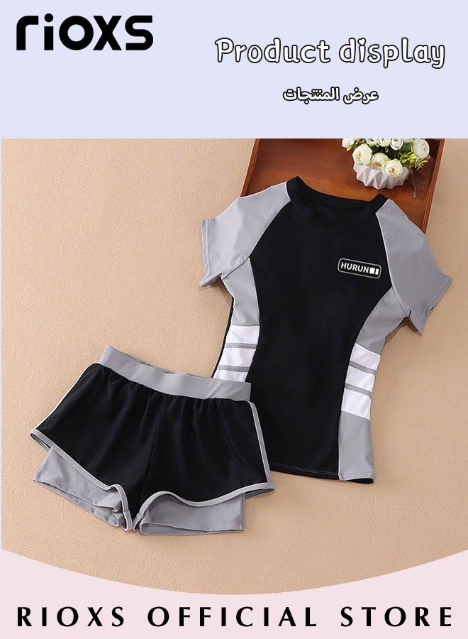 Girls Two-Piece Swimsuit Rash Guard Short Sleeve Swimsuit Kids Swimwear Water Sports Sun Protection Bathing Suits With Skirts