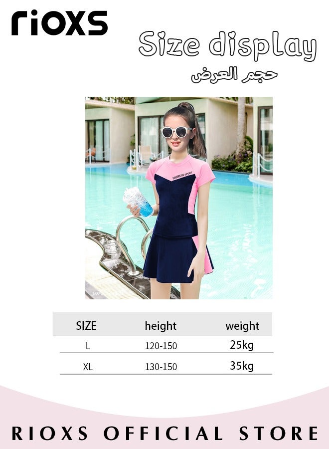 Girls Two-Piece Swimsuit Rash Guard Short Sleeve Swimsuit Kids Swimwear Water Sports Sun Protection Bathing Suits With Skirts