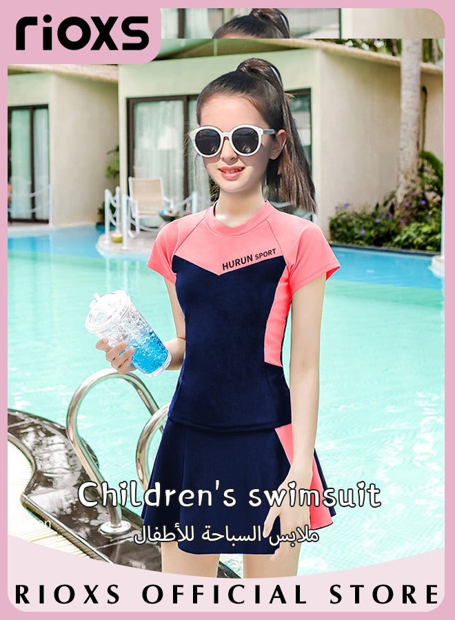 Girls Two-Piece Swimsuit Rash Guard Short Sleeve Swimsuit Kids Swimwear Water Sports Sun Protection Bathing Suits With Skirts