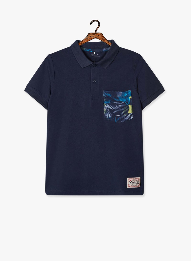 Kids Contrast Pocket Polo Navy