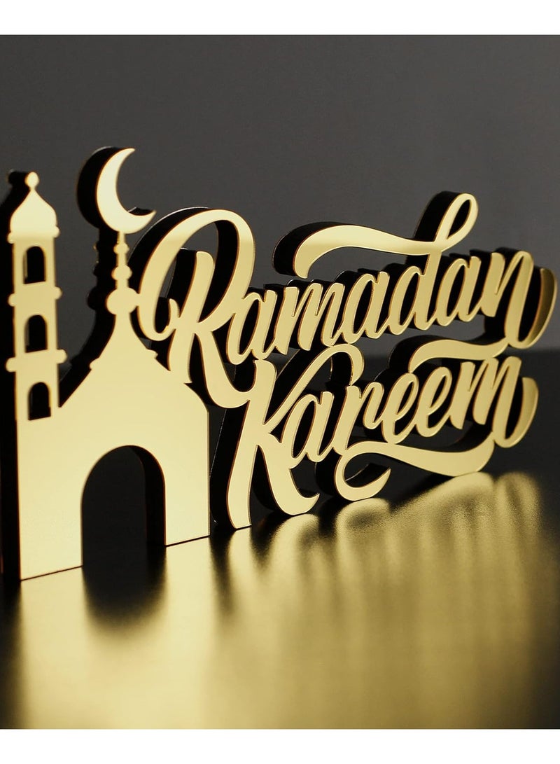 Wooden Acrylic Islamic Tabletop Decor, Elegant Ramadan Kareem Decorations Crafted from Thick Eco-Friendly MDF with a Shiny Acrylic Layer for a Stunning Mirror Effect in Gold