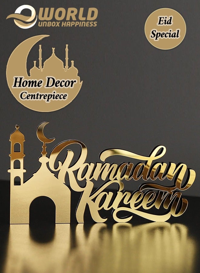 Wooden Acrylic Islamic Tabletop Decor, Elegant Ramadan Kareem Decorations Crafted from Thick Eco-Friendly MDF with a Shiny Acrylic Layer for a Stunning Mirror Effect in Gold