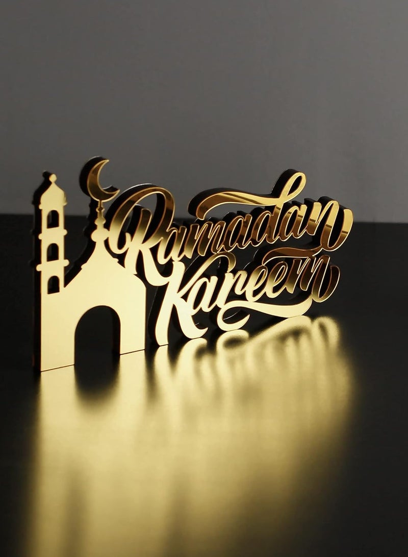 Wooden Acrylic Islamic Tabletop Decor, Elegant Ramadan Kareem Decorations Crafted from Thick Eco-Friendly MDF with a Shiny Acrylic Layer for a Stunning Mirror Effect in Gold