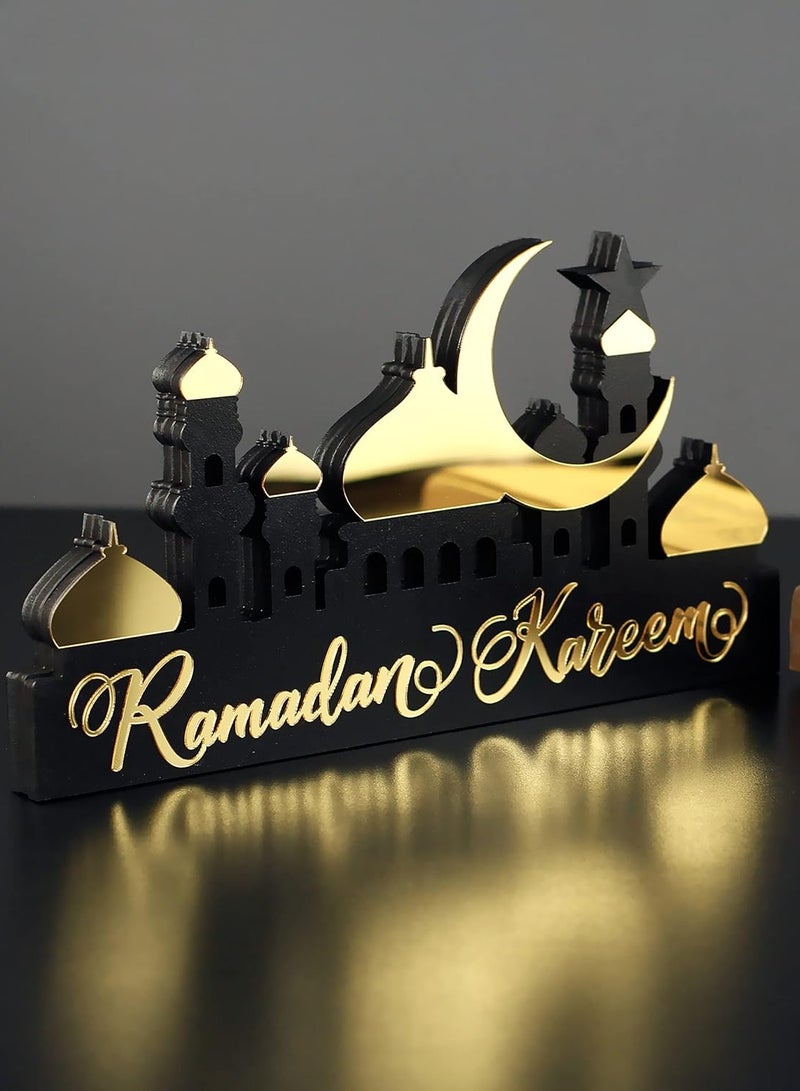 Wooden Acrylic Islamic Tabletop Decor, Elegant Ramadan Kareem Decorations Crafted from Thick Eco-Friendly MDF with a Shiny Acrylic Layer for a Stunning Mirror Effect in Gold.