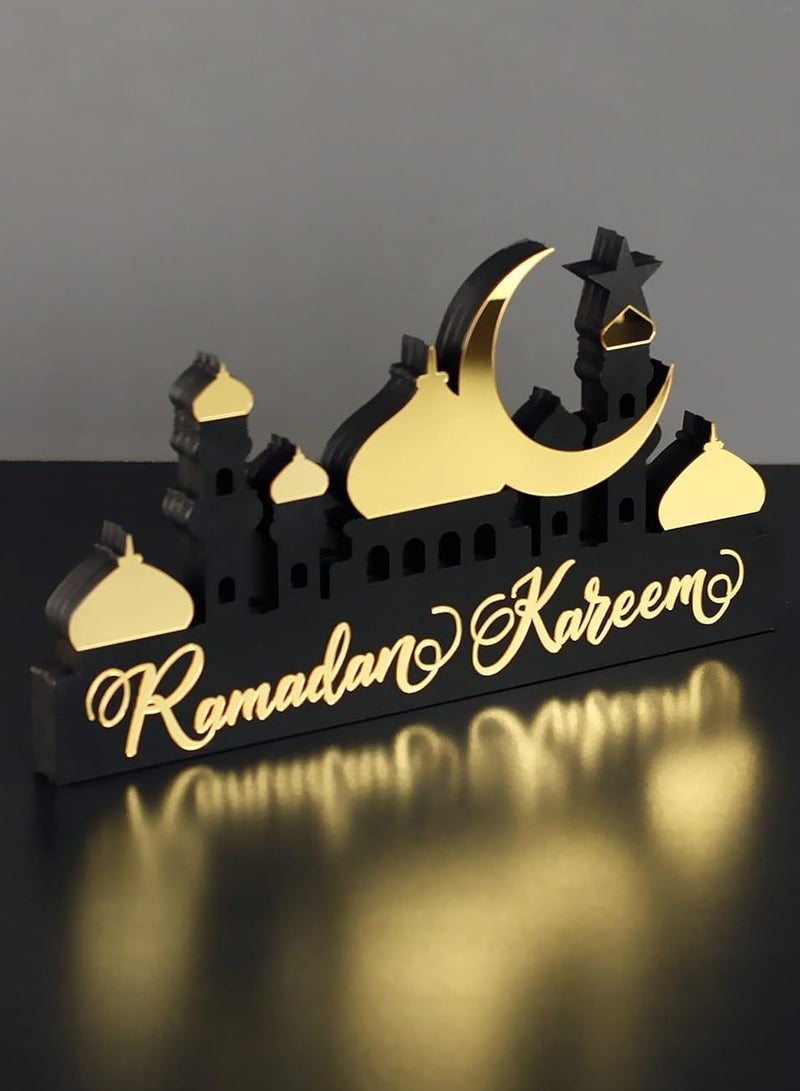 Wooden Acrylic Islamic Tabletop Decor, Elegant Ramadan Kareem Decorations Crafted from Thick Eco-Friendly MDF with a Shiny Acrylic Layer for a Stunning Mirror Effect in Gold.