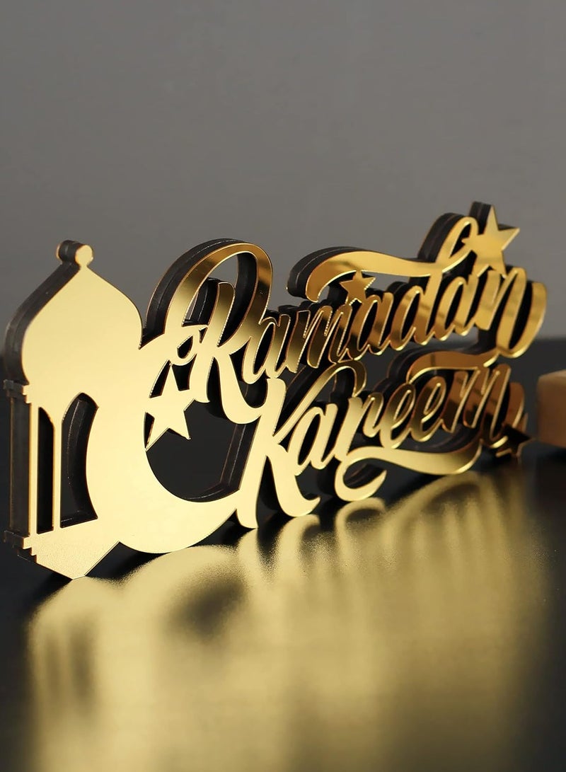 Wooden Acrylic Islamic Tabletop Decor, Elegant Ramadan Kareem Decorations Crafted from Thick Eco-Friendly MDF with a Shiny Acrylic Layer for a Stunning Mirror Effect in Gold.