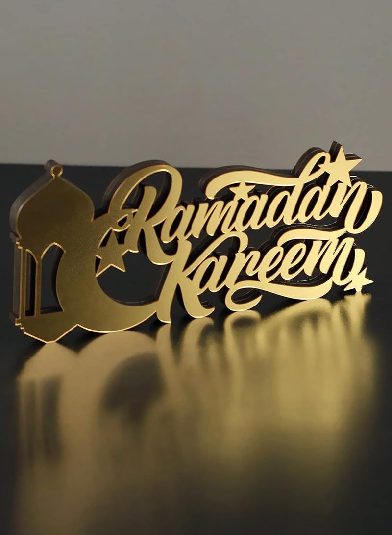 Wooden Acrylic Islamic Tabletop Decor, Elegant Ramadan Kareem Decorations Crafted from Thick Eco-Friendly MDF with a Shiny Acrylic Layer for a Stunning Mirror Effect in Gold.