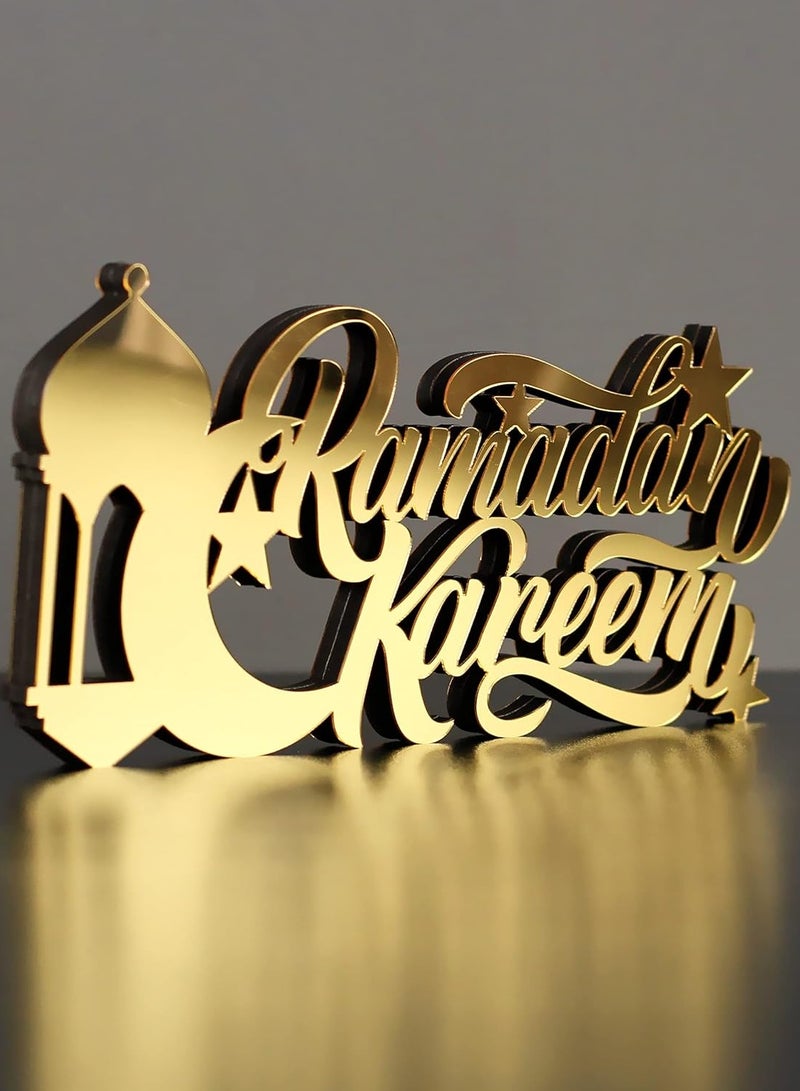 Wooden Acrylic Islamic Tabletop Decor, Elegant Ramadan Kareem Decorations Crafted from Thick Eco-Friendly MDF with a Shiny Acrylic Layer for a Stunning Mirror Effect in Gold.