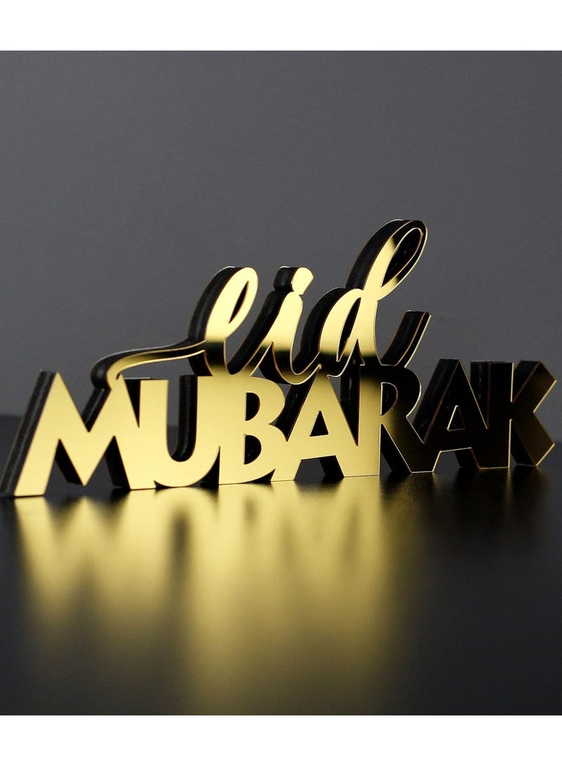 Wooden Acrylic Islamic Tabletop Decor, Elegant Eid Mubarak Decorations Crafted from Thick Eco-Friendly MDF with a Shiny Acrylic Layer for a Stunning Mirror Effect in Gold