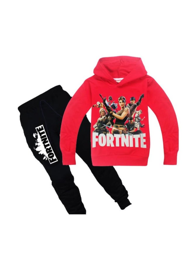 2-Piece Graphic Printed Hoodie And Pants Set Red/Black