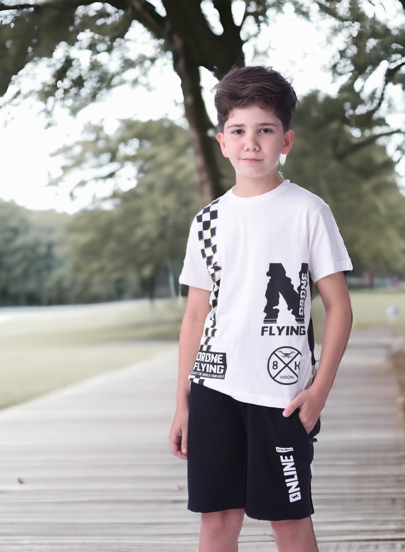 Senior Boys (Youth/Teens) 2 piece set T-Shirt & Shorts (8-14 Years)- White and Black- 100 % percent Cotton