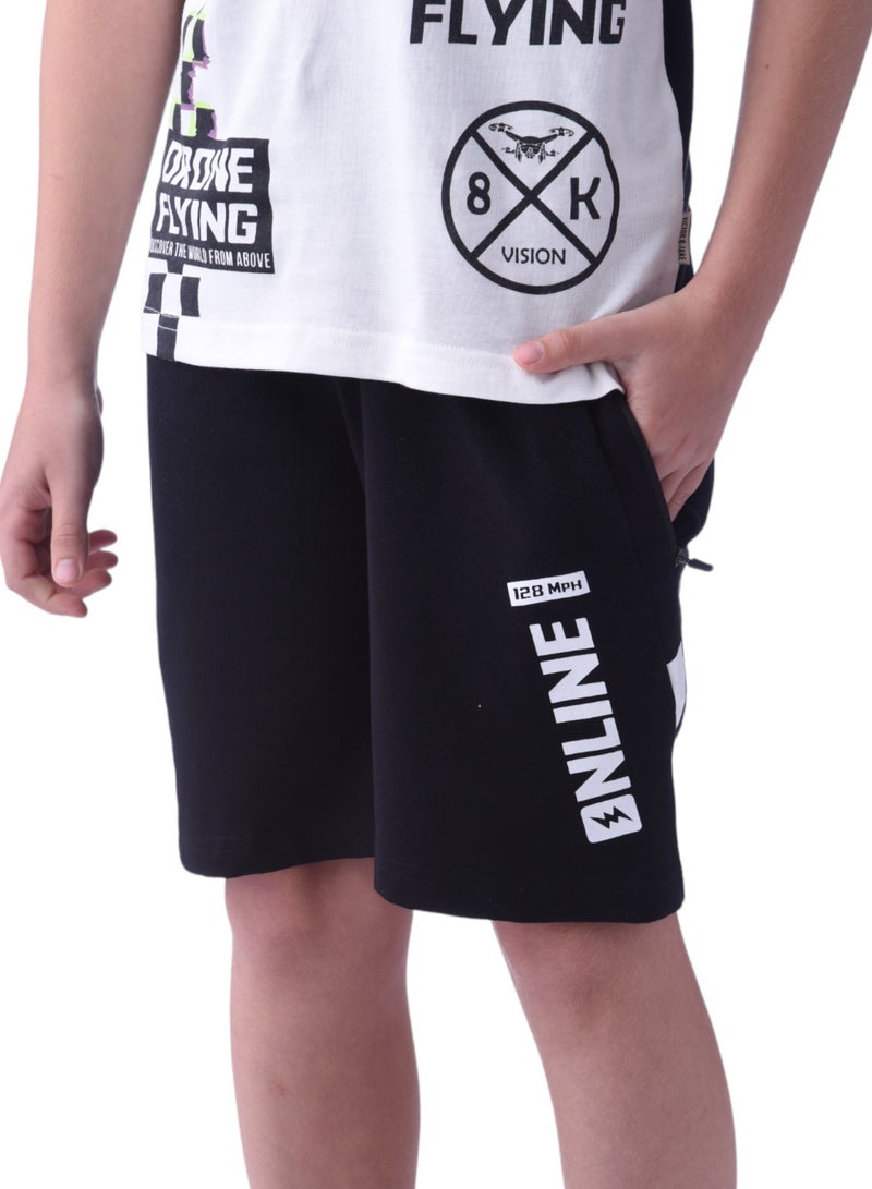 Senior Boys (Youth/Teens) 2 piece set T-Shirt & Shorts (8-14 Years)- White and Black- 100 % percent Cotton
