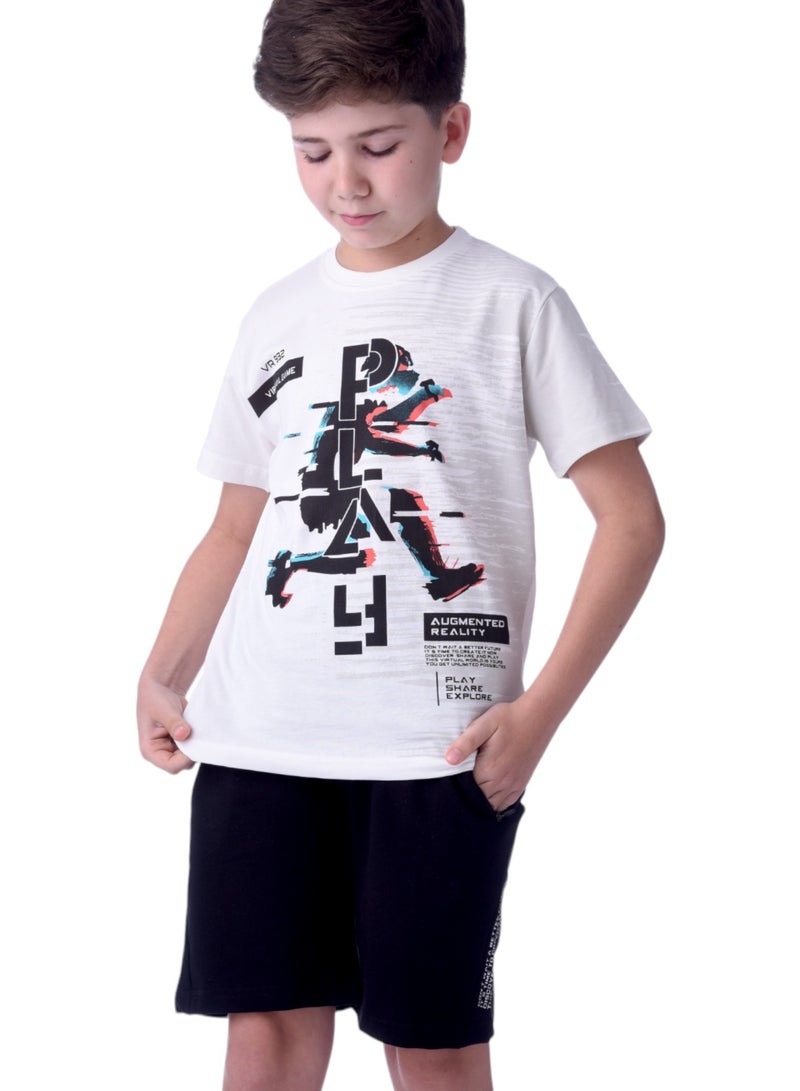 Senior Boys (Youth/Teens) 2 piece set T-Shirt & Shorts (8-14 Years)- White and Black- 100 % percent Cotton- victor and jane