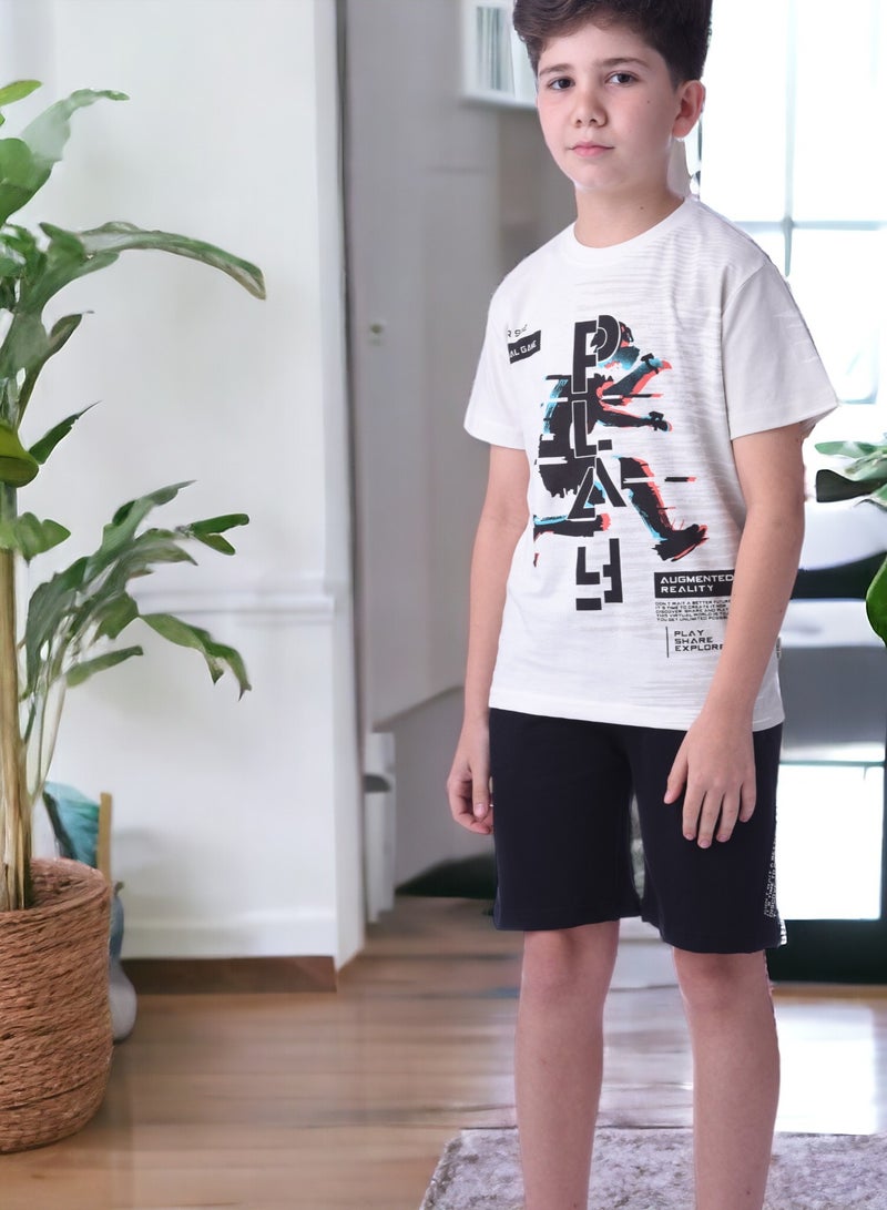 Senior Boys (Youth/Teens) 2 piece set T-Shirt & Shorts (8-14 Years)- White and Black- 100 % percent Cotton- victor and jane
