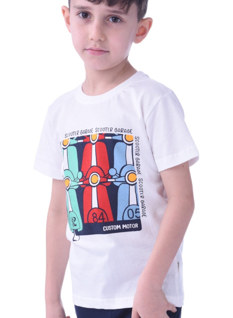 Kids Boys 2 piece Set - T-Shirts & Shorts -Off-White and Navy (100% Cotton)