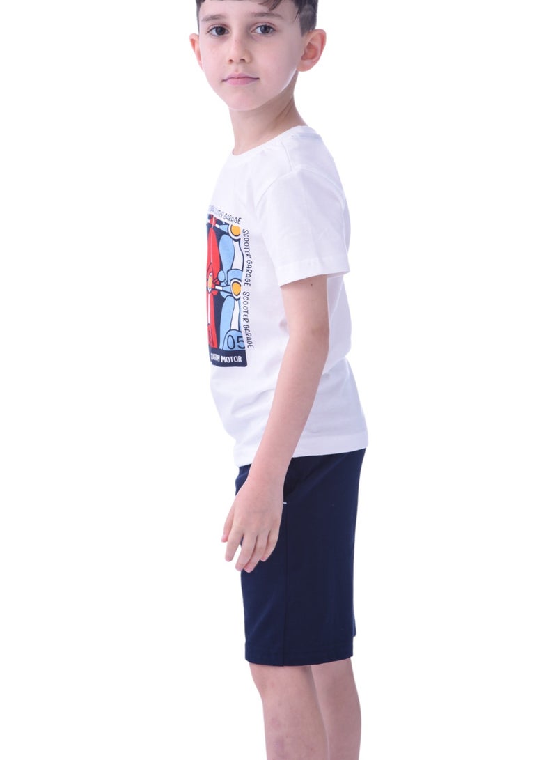 Kids Boys 2 piece Set - T-Shirts & Shorts -Off-White and Navy (100% Cotton)