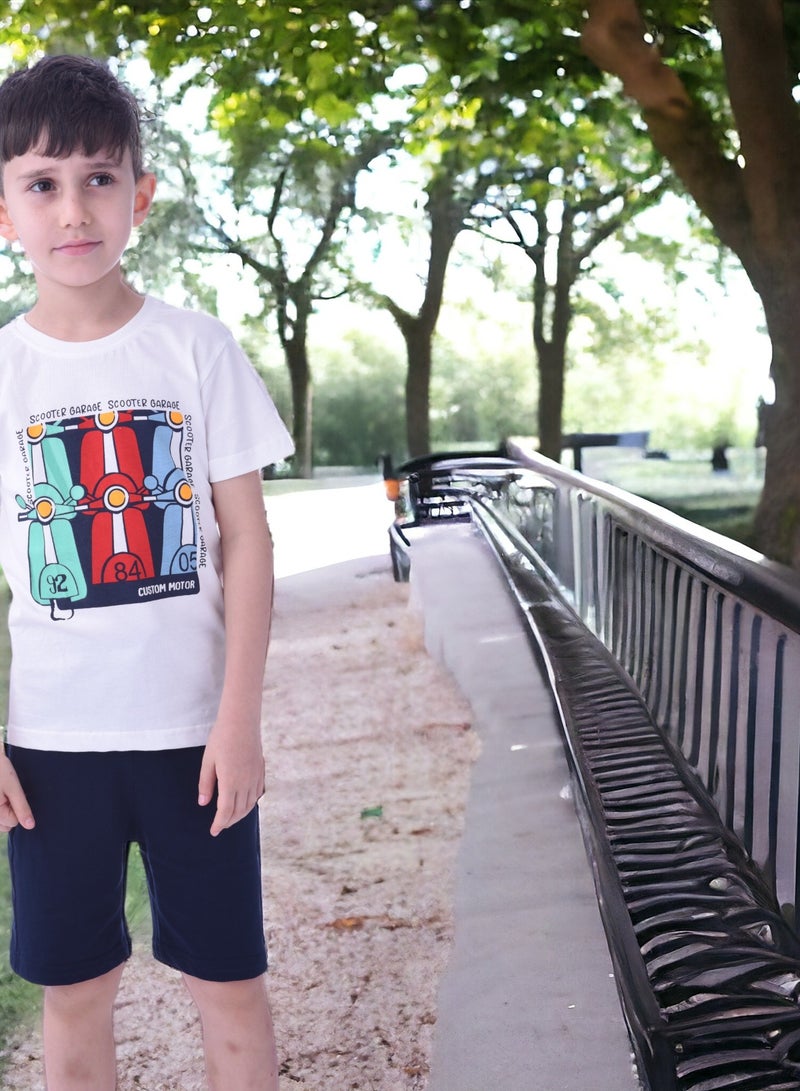 Kids Boys 2 piece Set - T-Shirts & Shorts -Off-White and Navy (100% Cotton)