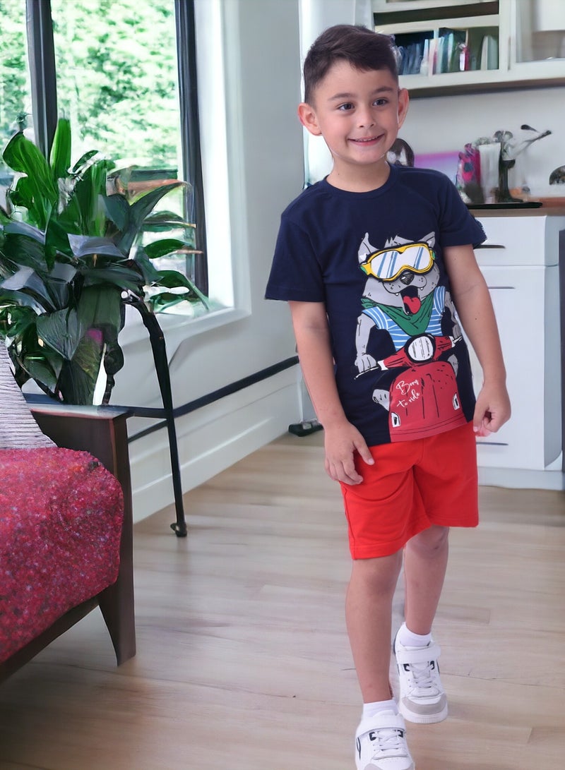 Kids Boys 2 piece Set (2-8 Years) - T-Shirts & Shorts -Red and Navy (100% Cotton)