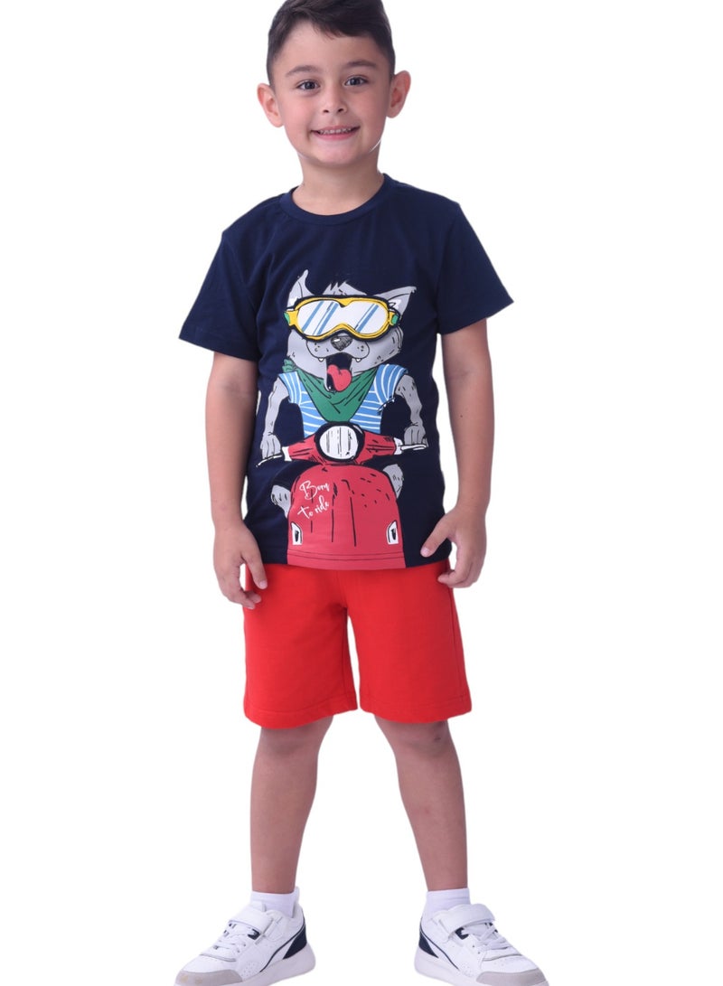 Kids Boys 2 piece Set (2-8 Years) - T-Shirts & Shorts -Red and Navy (100% Cotton)
