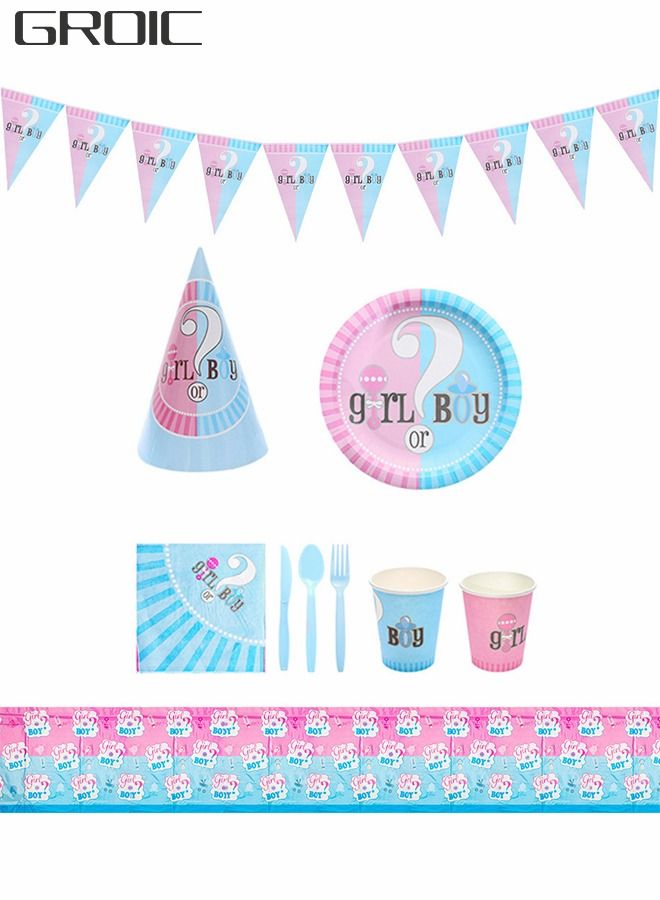 Gender Reveal Party Supplies, Gender Reveal Disposable Cutlery Set, Boys or Girls Paper Plate Cups Napkins Tablecloth Banners, Baby Shower Decor