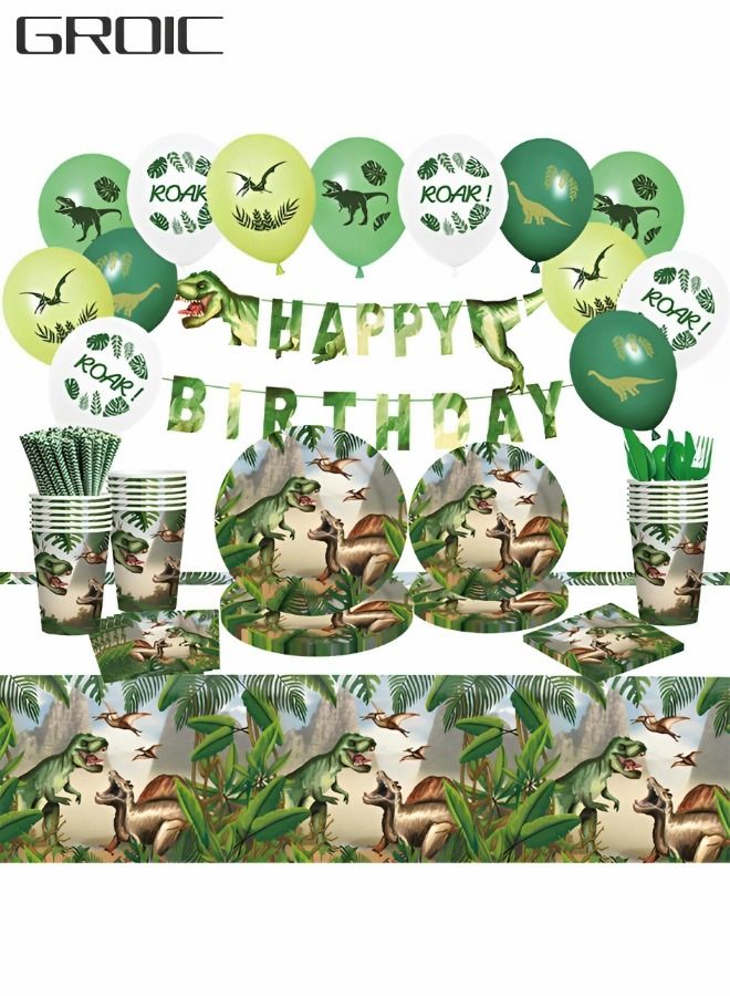Dinosaur Party Decorations, Party Supplies Serves 10 Dinosaur Party Decorations Include Hanging Banner, Tablecloth, Plates and Napkins Set, Total 94 Pcs