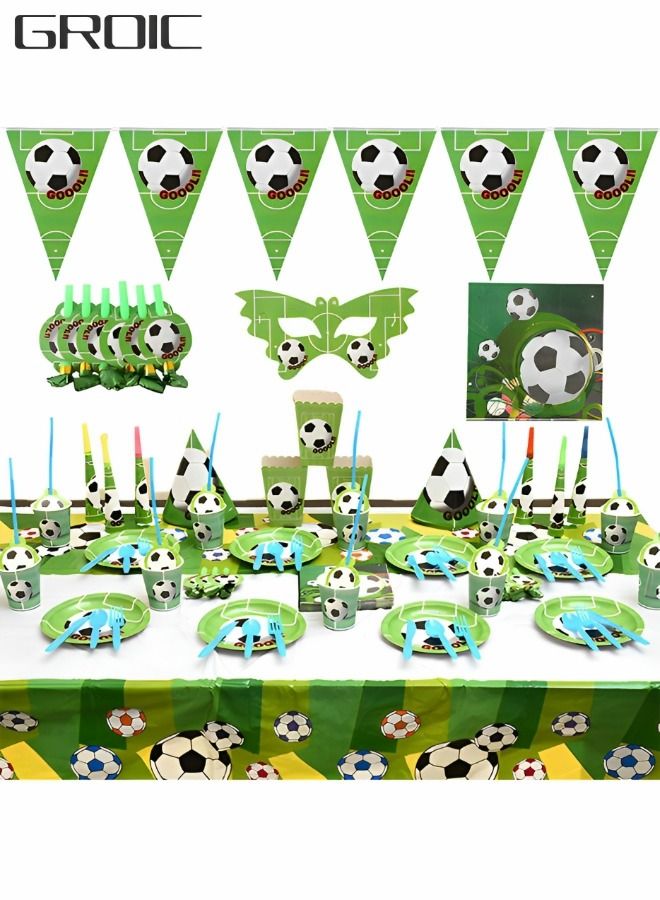 Soccer Theme Party Supplies for Kids,Football Scored the Goal Party Props Favor Table Decorations, Banner Paper Plates Napkins Cups Tablecloth Tableware Sports Set for 10 Guests,Party Decorations