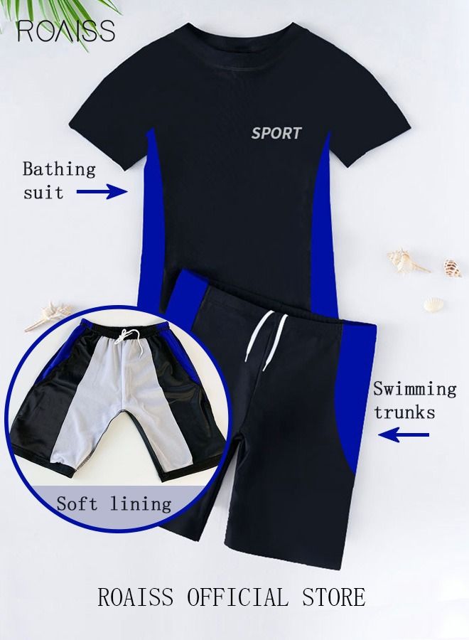 2 Piece Boys Swimsuit Swimming Trunks Set Toddler Kids Training Quick Dry Swimwear Children Short Sleeves Clothing Beachwear Split Bathing Suit for Summer Black