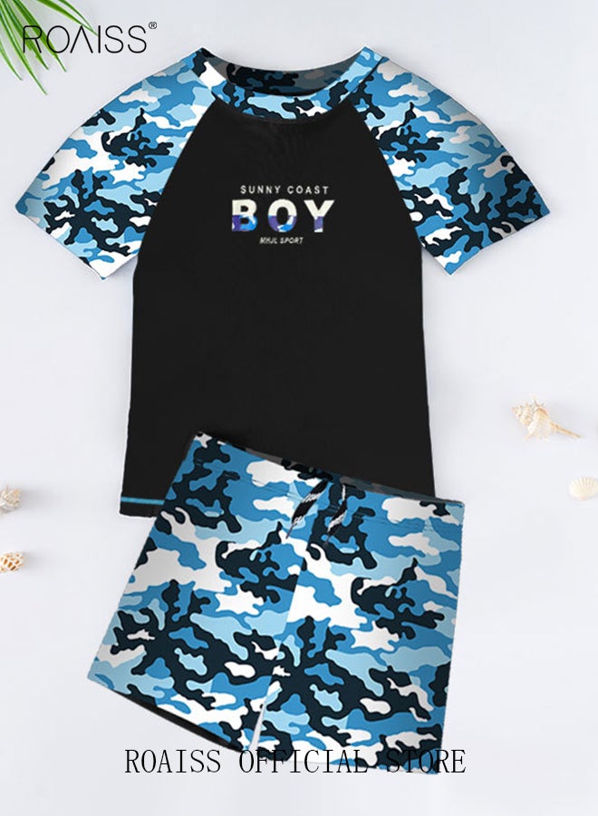 2 Piece Boys Swimsuit Swimming Trunks Set Toddler Kids Training Quick Dry Swimwear Children Short Sleeves Clothing Beachwear Split Bathing Suit for Summer