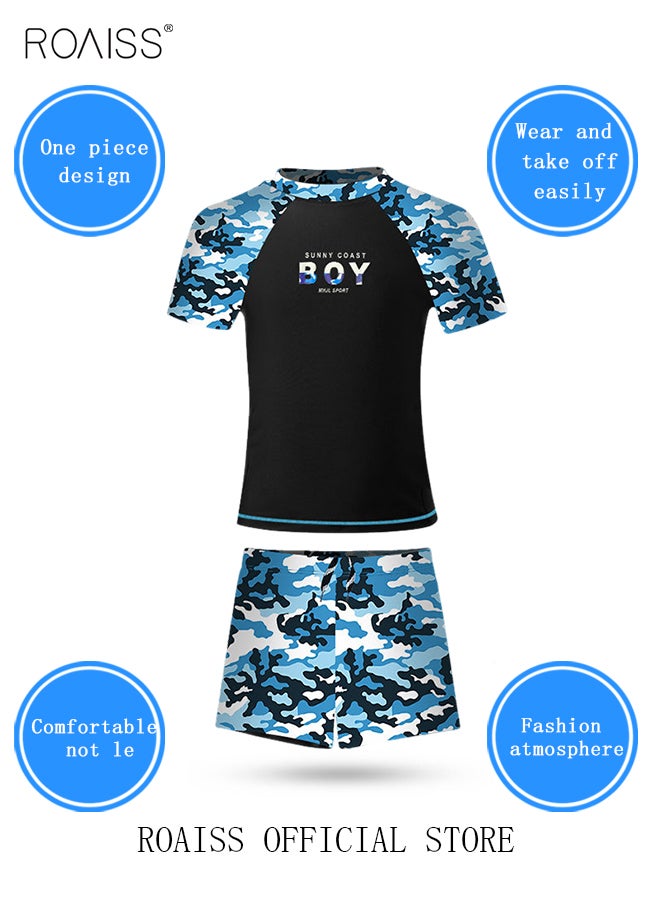 2 Piece Boys Swimsuit Swimming Trunks Set Toddler Kids Training Quick Dry Swimwear Children Short Sleeves Clothing Beachwear Split Bathing Suit for Summer