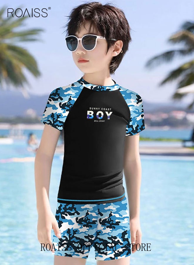 2 Piece Boys Swimsuit Swimming Trunks Set Toddler Kids Training Quick Dry Swimwear Children Short Sleeves Clothing Beachwear Split Bathing Suit for Summer