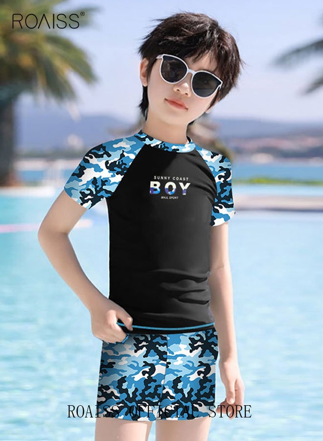 2 Piece Boys Swimsuit Swimming Trunks Set Toddler Kids Training Quick Dry Swimwear Children Short Sleeves Clothing Beachwear Split Bathing Suit for Summer