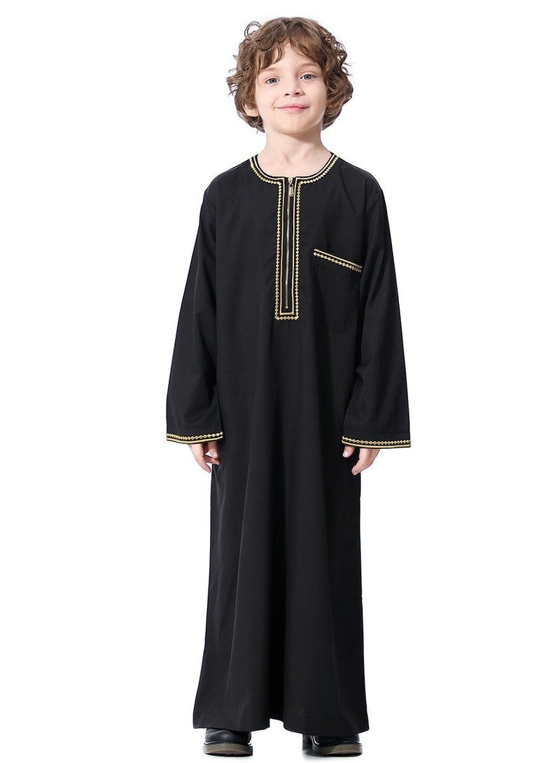 Boys Muslim Clothing Long Sleeve Kaftan Embroidered Robe With Pockets And Zipper Islamic Arabic Abaya Clothes Black