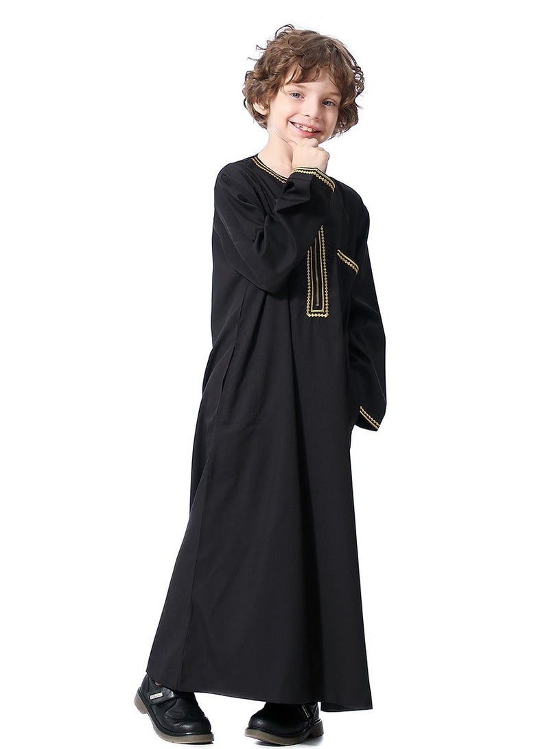 Boys Muslim Clothing Long Sleeve Kaftan Embroidered Robe With Pockets And Zipper Islamic Arabic Abaya Clothes Black