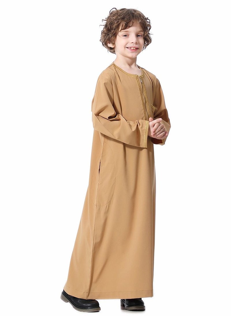 Boys Muslim Clothing Long Sleeve Kaftan Embroidered Robe With Pockets And Zipper Islamic Arabic Abaya Clothes Camel Color