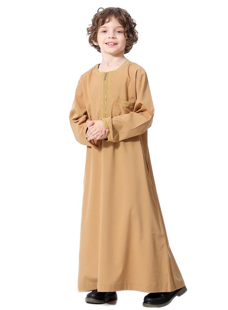 Boys Muslim Clothing Long Sleeve Kaftan Embroidered Robe With Pockets And Zipper Islamic Arabic Abaya Clothes Camel Color